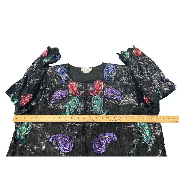 Vintage Scala Sequin Silk Jacket Paisley Beaded Black Purple Pink Blazer Size 2X - Picture 10 of 10
